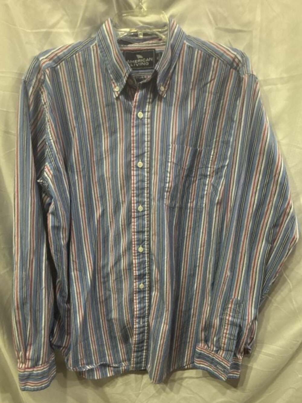 American Living Men's Button Down Shirt Blue Red White Multi-Stripe Size XL